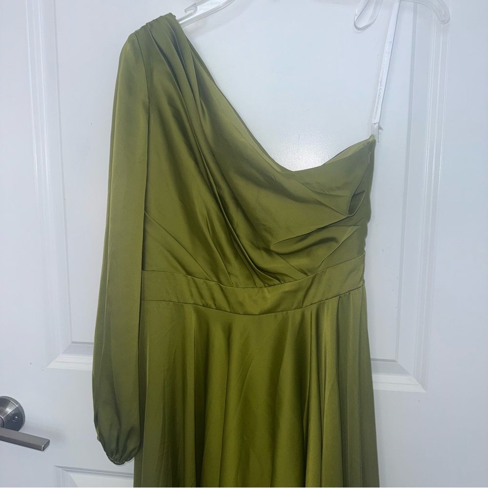 Ieena for Mac Duggal One Shoulder A-Line Long Sleeve High Chartreuse Satin Dress - Picture 7 of 15